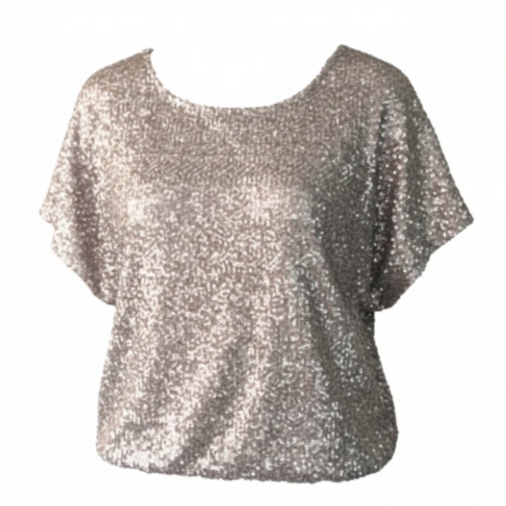 Kirra Blouse Medium Beige Silver Sequin Cap Sleeve Pullover Top Party